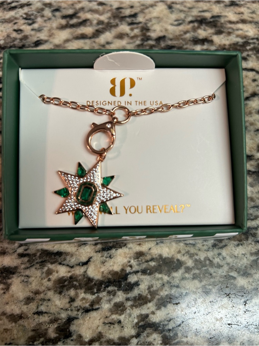 BP Rose Gold Starburst Pendant Necklace with Emerald Stones